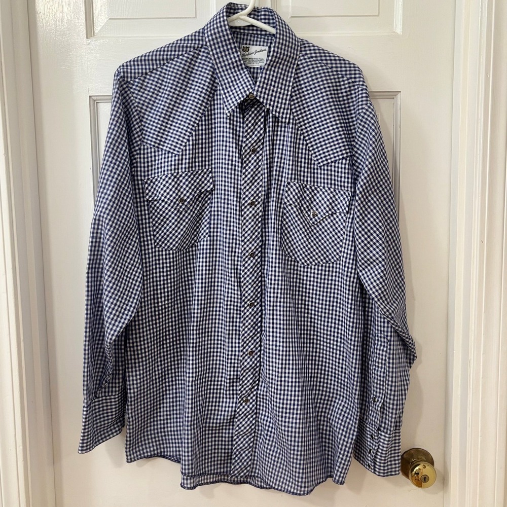 VTG Dickson Jenkins Mens Western Pearl Snap Rockabilly L?‎ Shirt Blue Gingham